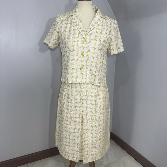 Vintage 60s Mod Skirt Suit Jackie O Preppy Daisy Floral Set Mad Men Cottagecore - Picture 2 of 11